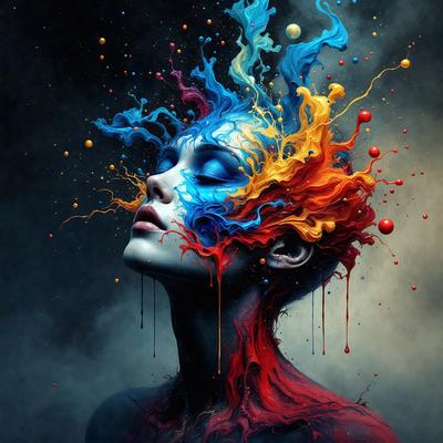 The primary subject of the image is a woman with a colorful, abstract head. She is surrounded by a variety of colors, including red, blue, yellow, and orange. The setting appears to be a dark, moody environment, possibly a night scene. The visual style of the image is a combination of digital art and illustration, creating a unique and artistic representation of the woman. The colors and mood of the image evoke a sense of mystery and intrigue, as the woman's vibrant and abstract head stands